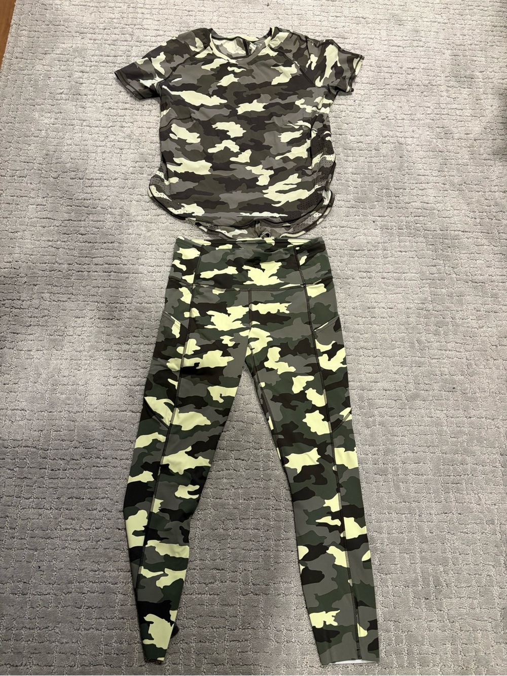 lululemon athletica Green Camo Short Sleeve Top & Leggings Set